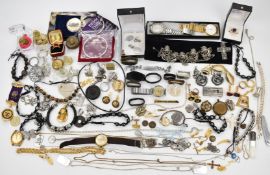 A collection of costume jewellery including silver pharaoh pendant, Smiths watch, silver clasps,