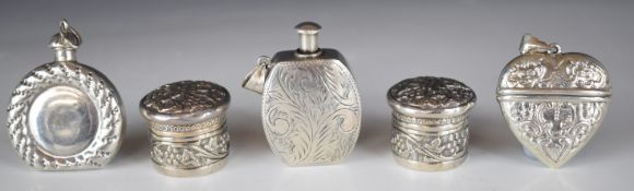 Five various white metal and similar, pots, bottles and cases including a novelty example formed