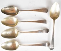 Five Georgian hallmarked silver Old English pattern table spoons comprising a pair of London 1792,