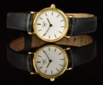 Longines ladies wristwatch with black hands, gold hour markers, white dial, gold plated case and