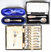 Cased hallmarked silver cutlery comprising Hester Bateman bright cut teaspoon, butter knife and