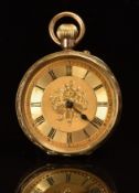 J T Barry & Sons of Cardiff 9ct gold keyless winding open faced pocket watch with blued hands, black