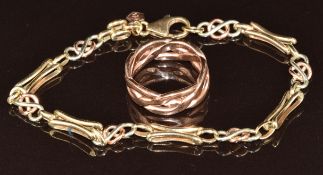 Clogau 9ct rose gold ring (size O) and a 9ct gold tri-coloured bracelet (18cm), 15.6g