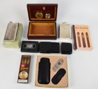 Cigar related ephemera including small travelling humidor, length 22cm x depth 14cm x height 7cm,