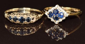 Two 9ct gold rings, one set with sapphires and diamonds and the other sapphires (one sapphire