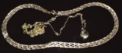 A 9ct gold tri-coloured plaited necklace, two 9ct gold chains and a 9ct gold locket, 7.8g