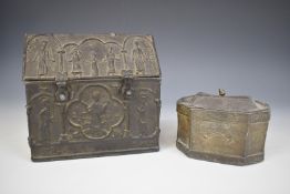 18thC lead tobacco jar and a metal casket, both with relief moulded decoration, the latter with