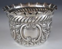 Victorian hallmarked silver bowl with embossed floral decoration and crimped edge, London 1896,