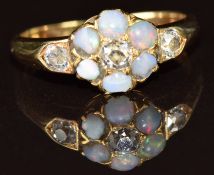 Victorian 9ct gold ring set with three old cut diamonds and opals in a floral cluster, 2.7g, size K