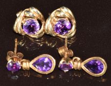 Two pairs of 9ct gold earrings, both pairs set with amethyst, 2.8g