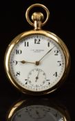 J W Benson 9ct gold keyless winding open faced pocket watch with subsidiary seconds dial, gold