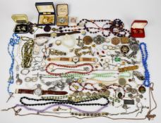 A collection of jewellery including Miracle brooch, 9ct gold earrings (0.9g), rolled gold guard