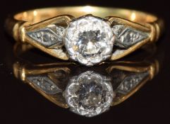 An 18ct gold ring set with a round cut diamond of approximately 0.25ct in a platinum setting, 2.