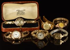 Six various ladies wristwatches including four 9ct gold examples, Helvetia, Yeoman, Clamour etc, one