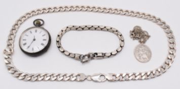 A collection of silver jewellery including curb link necklace, fob watch, bracelet and St