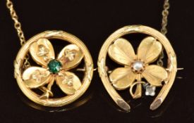 Two 18ct gold continental brooches, one in the form of a horse shoe containing a four leaf clover