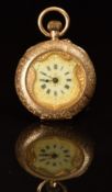 Unnamed 14ct gold keyless winding open faced pocket watch with blued hands, black Roman numerals,