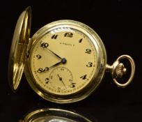Viking gold plated keyless winding full hunter pocket watch with subsidiary seconds dial, blued