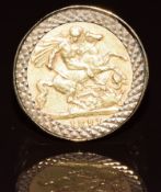 A 9ct gold ring set with an 1897 gold half sovereign, 8.3g, size P