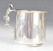 Art Deco novelty hallmarked silver christening mug, the handle formed as a rabbit, Birmingham