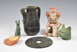 Ancient and ancient style items including bronze cats, Islamic stone flagon (height 15cm), tile