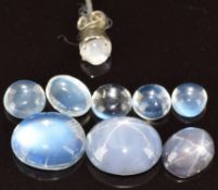 Six loose moonstones (2.1g), two loose star sapphires (2.4g) and a moonstone earring