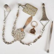 Intaglio seal with engraved hardstone, silver plated chatelaine and an unmarked propelling pencil