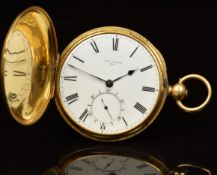John Walker 18ct gold full hunter pocket watch with subsidiary seconds dial, blued hands, black