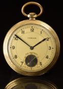 Marvin Art Deco gold plated keyless winding open faced pocket watch with blued hands, black Arabic