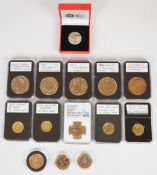 A collection of £5 coins etc together with three 2016 £1 coins without heads obverse, WW1 aviation