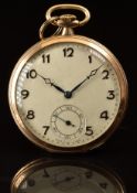 Art Deco 9ct gold keyless winding open faced pocket watch with subsidiary seconds dial, blued hands,
