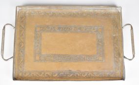 Sudanese silver twin handled drinks or similar tray with engraved and script decoration, length 30.5