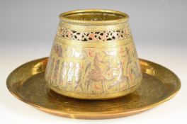 Brass silver and copper decorated bowl or vase with Egyptian style figures and pyramids, signed to