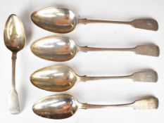 Five Victorian hallmarked silver fiddle pattern spoons comprising four table spoons London 1846,
