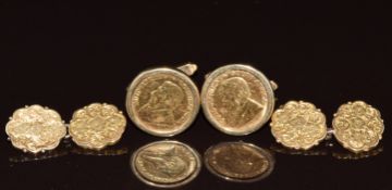 A pair of 9ct gold cufflinks each set with a 1/10 Krugerrand (11.7g) and another pair of yellow