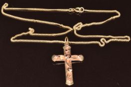 Clogau 9ct gold cross pendant with foliate decoration on 9ct gold chain, 6.6g