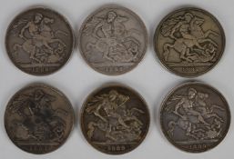 Six Queen Victoria Jubilee head silver crowns comprising three 1892 and three 1889