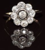 Victorian 9ct rose gold ring set with nine old cut diamonds in a cluster, each approximately 0.08ct,