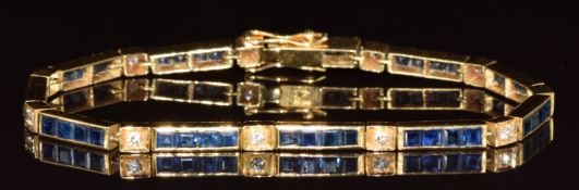 Art Deco style 18ct gold bracelet set with calibre cut sapphires and round cut diamonds, 15.5g, 18cm
