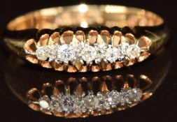 A c1920 18ct gold ring set with five diamonds, 2g, size L