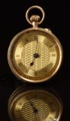 Swiss 9ct gold keyless winding open faced pocket watch with blued hands, black Roman numerals,
