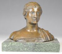 Bronze bust of Saffo with foundry mark verso, height 17cm