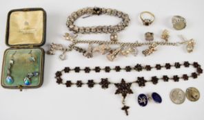 A silver charm bracelet with thirteen silver charms including kingfisher, dog, car etc, two silver