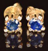 A pair of 14k gold earrings each set with a sapphires and diamonds, 1.5g