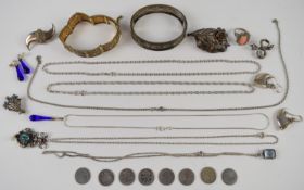 A collection of silver jewellery including Austro-Hugarian pendant set with turquoise, pearl and