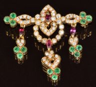 An 18k gold brooch set with round cut emeralds, marquise cut rubies and round cut diamonds, 13.3g,