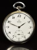 Omega keyless winding open faced pocket watch with black hands and Arabic numerals, white dial and