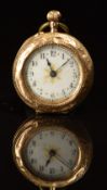 Unnamed 14ct gold keyless winding open faced pocket watch with blued hands, black Arabic numerals,