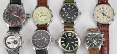 Eight military style gentleman's wristwatches including Rotary, Orvis, DC-3, Naviforce, Aviator,
