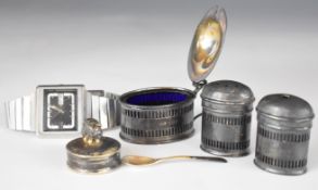 Hallmarked silver cruet set, Birmingham 1937, maker A J Bailey, silver pill box with pig finial